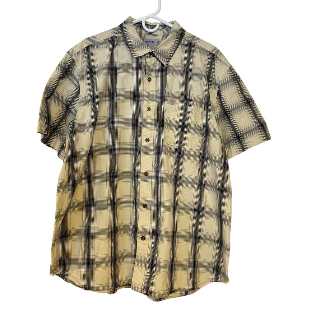 Carhartt Mens 2XL Plaid Button Up Short Sleeve Shirt Relaxed Fit‎ Beige/Black